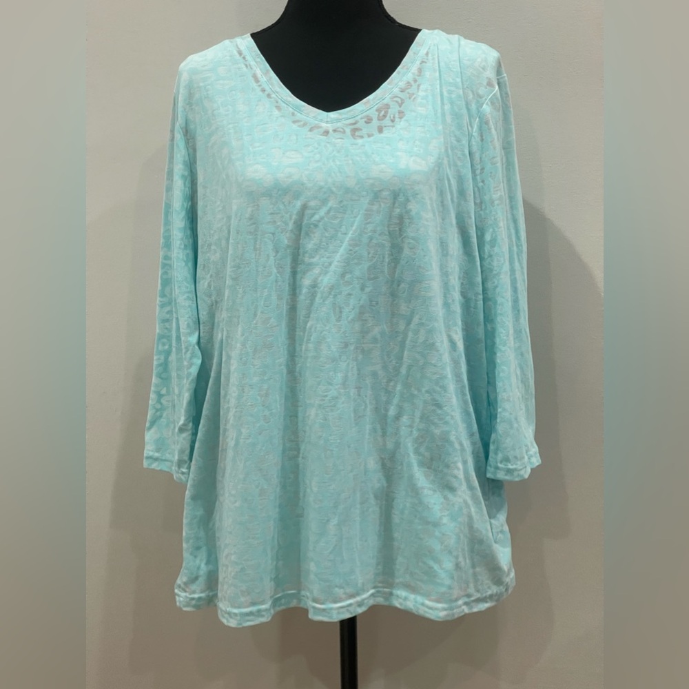 D&Co XL Light Blue 2‎ Piece Set- Blouse w Sheath Animal Print Accents&Undershirt